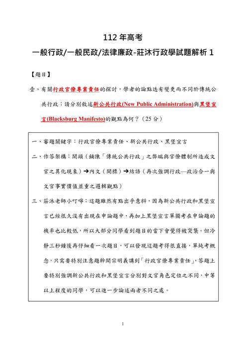 112年⾼考 一般行政一般民政 法律廉政-莊沐⾏政學試題解析 112年⾼考 一般行政一般民政 法律廉政-莊沐⾏政學試題解析